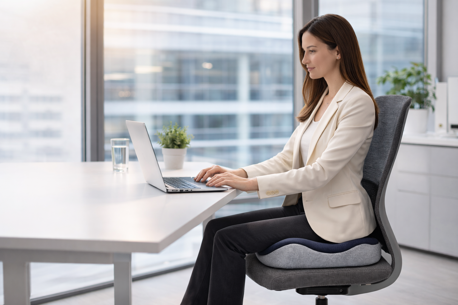 Pessoa usando almofada ergonômica no escritório